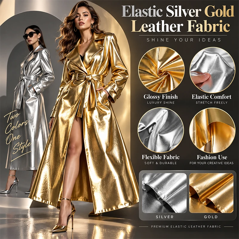 1m Soft Double Sided Metallic Stretch Fabric Shiny Glossy Hot Stamping Fabric for Fashion Outerwear Costume Craft DIY Sewing