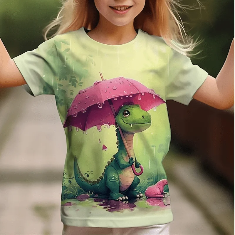 Camiseta con estampado de paraguas de dinosaurio para niña, Camiseta deportiva de manga corta con dibujos animados en 3D, Top informal transpirable para niño de 3 a 13 años