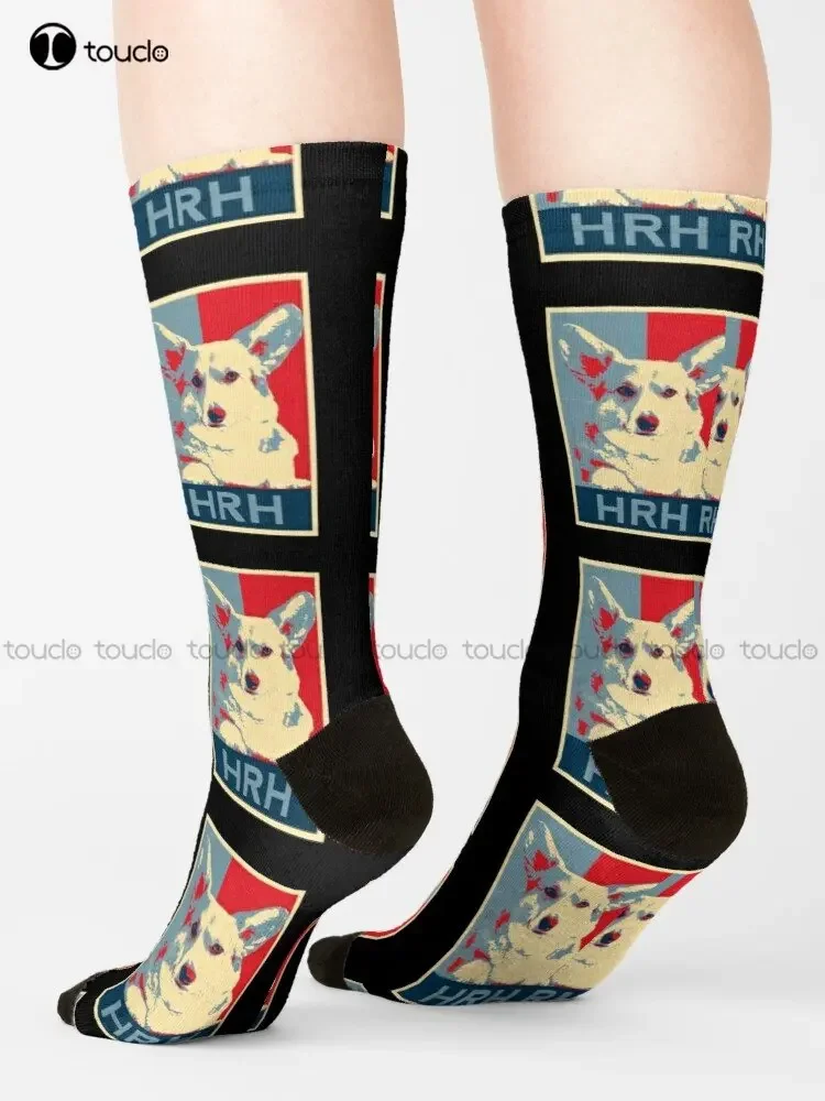 Hrh rainha elizabeth e corgi sua alturas real arte do cão para amantes do corgi meias corgi reais meias criativas engraçadas presente personalizado