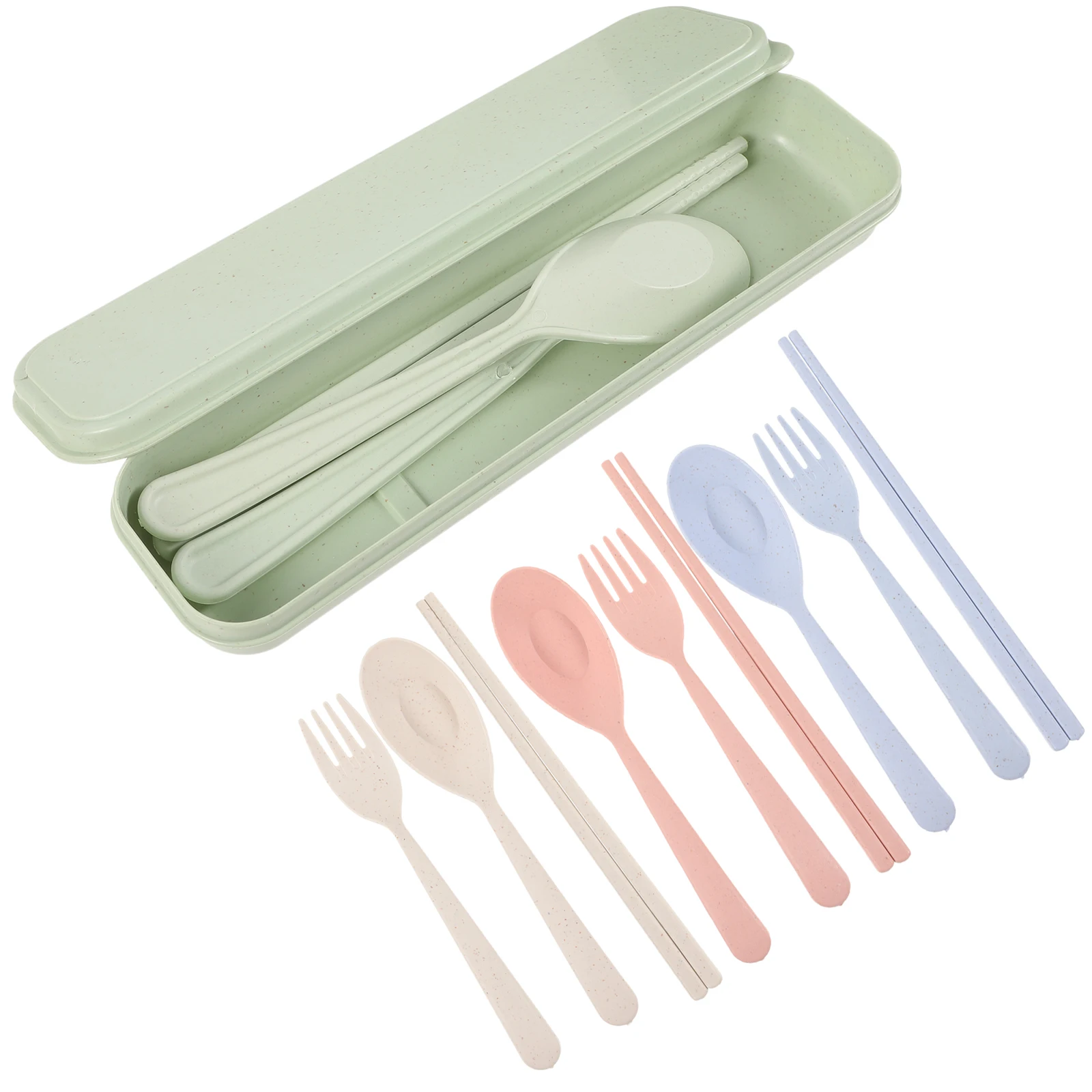 

4Sets Reusable Travel Utensils Portable Wheat Straw Cutlery Set Spoon Fork Chopsticks Lunch Picnic Case Wheat Straw Cutlery Set