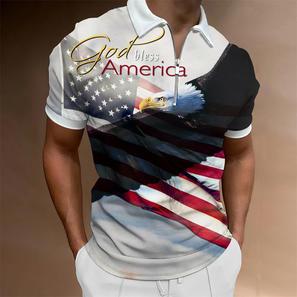 American Flag 3D Printed Summer Men\'s Zipper Collar Polo Shirt Casual Short Sleeve Oversized Tops Fashion Golf Wear Men Clothing