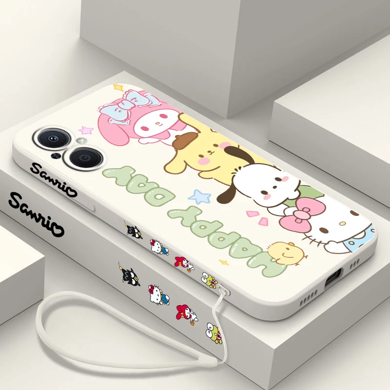 Cute Kuromi HelloKitty Phone Case For OPPO Find X5 X3 X2 Lite Pro Neo A5 A53 A94 4G 5G Liquid Left Rope Soft Cover