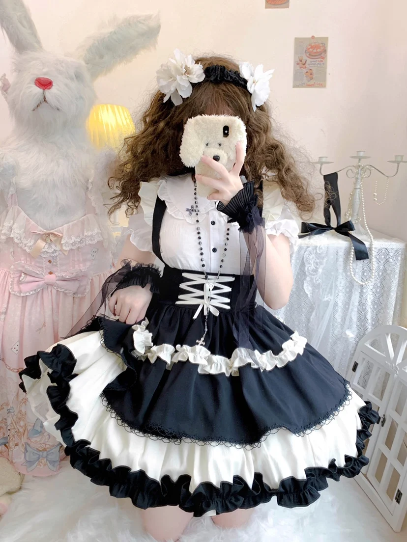 Japanese Kawaii Lolita Jsk Dress Women Gothic Y2k Bow Ruffle Suspender Skirt Punk High Waist Strap Skirts Lolita Cosplay Skirts