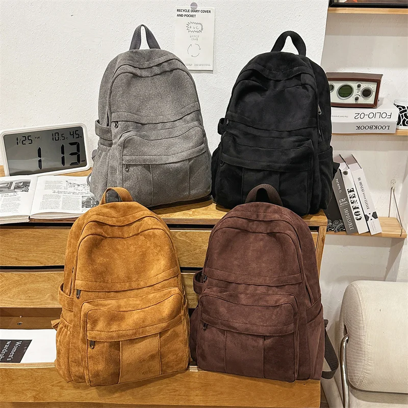 Vintage Suede Backpack Men Women Large Capacity School Bag Multi‑pocket Casual Travel Rucksack for Students Travel Daypack