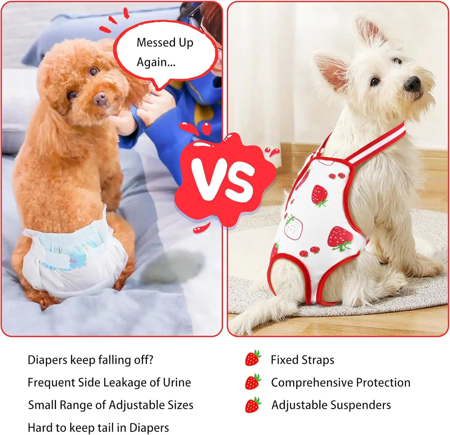 Reusable Female Dog Diapers with Adjustable Suspender for Small Medium Dogs, Washable Puppy Onesie Sanitary Physiology Panties