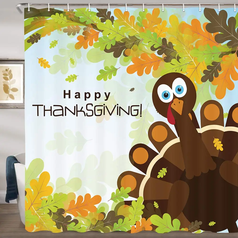 

Занавеска для душа на День Благодарения, мультяшная Турция и осенние листья, занавеска для душа для декора ванной комнаты, водонепроницаемая занавеска из полиэстера для ванной