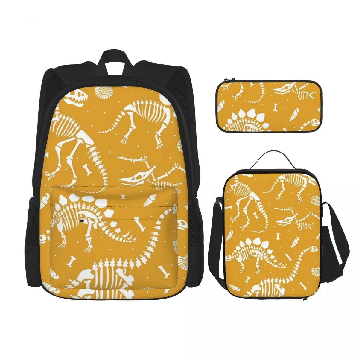 Fósiles de dinosaurios - Mochilas mostaza Mochila para niños y niñas Mochilas escolares para niños Mochila para niños Bolsa de almuerzo Bolsa para bolígrafos Juego de tres piezas