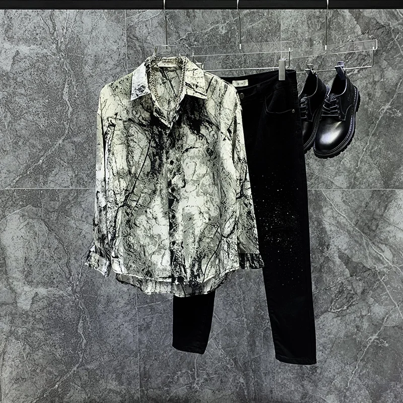 

Loose Korean Sle Men's irt Long Sve Ice Silk Vintage Watercolor Print Casual Faion Youthful Autumn Wear
