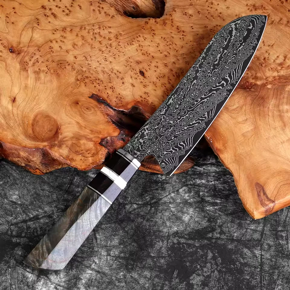 Japanese 7 Inch Santoku Knife, Professional Kitchen Cooking Knives,Damascus Steel VG10 Black Blade Sharp, Stabilized Wood Handle