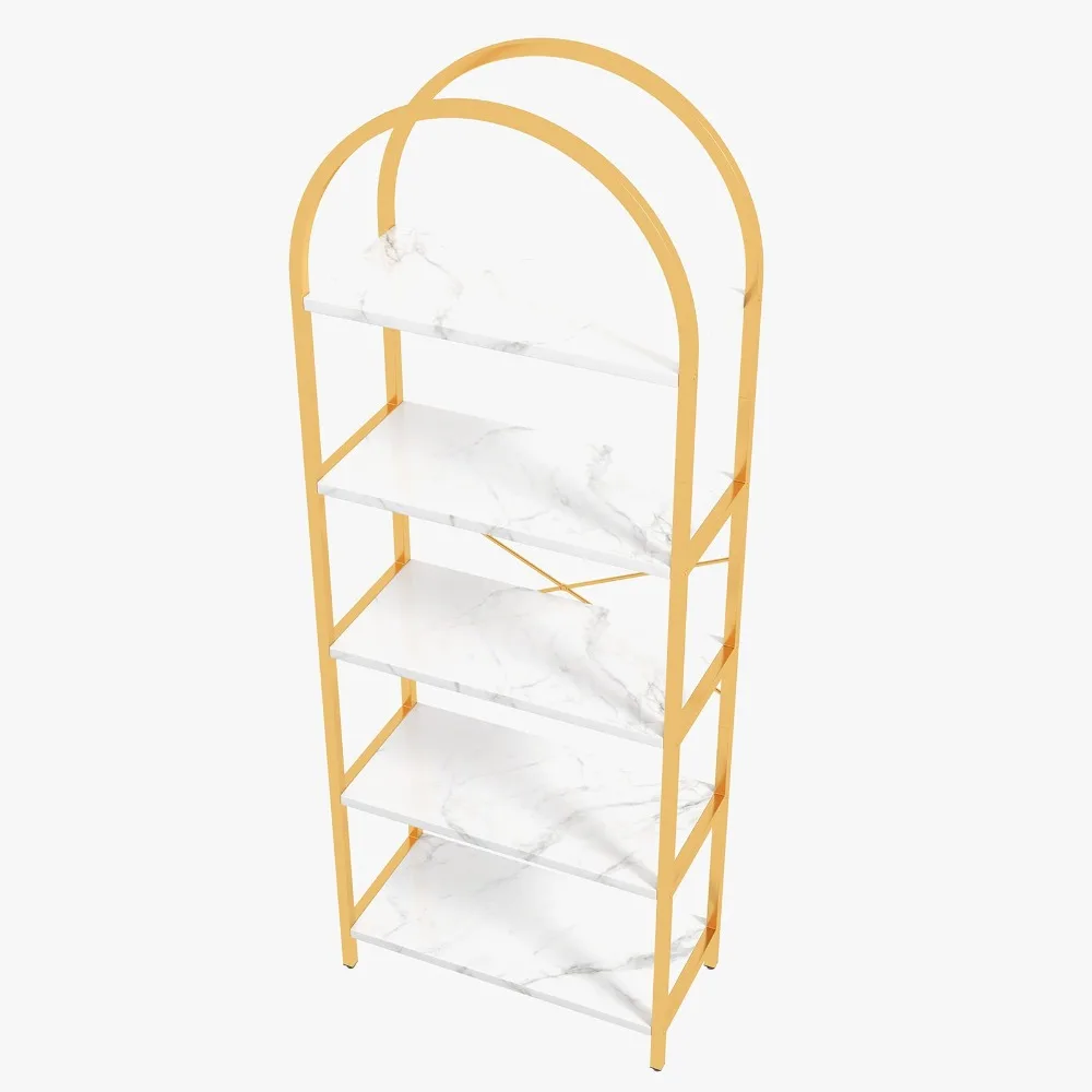 

Five-Level Arched Bookshelf Featuring a Golden Metal Structure And White Marble Veneer Shelves - a Contemporary Industrial Standalone Storage Solution for Home, Office, Or Living Room
