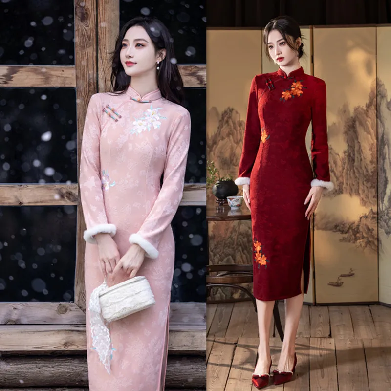 

Yourqipao розовое китайское Cheongsam 2026, зимнее стильное красивое обручальное вечернее платье Ципао для женщин