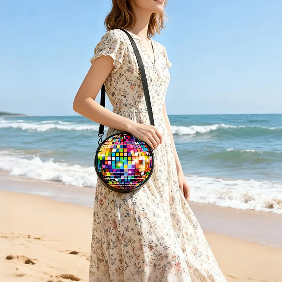 Bunte Disco-Kugel-Umhängetasche, runde Umhängetasche, lässige Messenger-Tasche, tägliche Umhängetasche mit verstellbarem Riemen für Damen, beste Geschenke, 2D-Flach – Detail 6