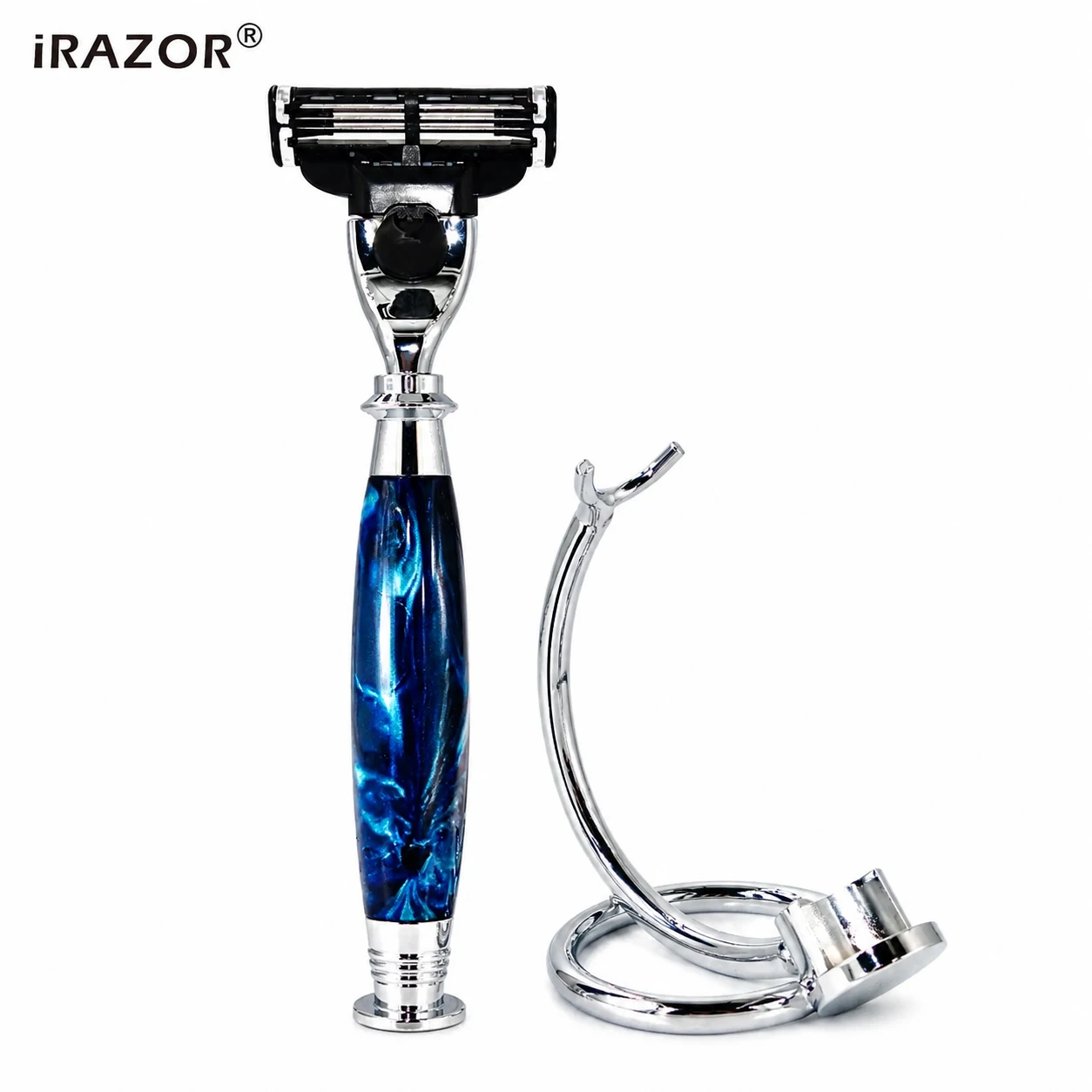 iRAZOR Premium 3-Blade Men's Razor System Compatible with Replacement Cartridges with Stainless Steel Stand,Luxury Grooming Kit