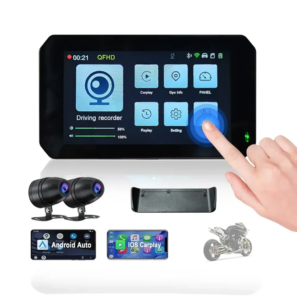 

Наружная 5-дюймовая полносенсорная мотоциклетная GPS-навигация Apple Carplay с двумя объективами видеорегистратора