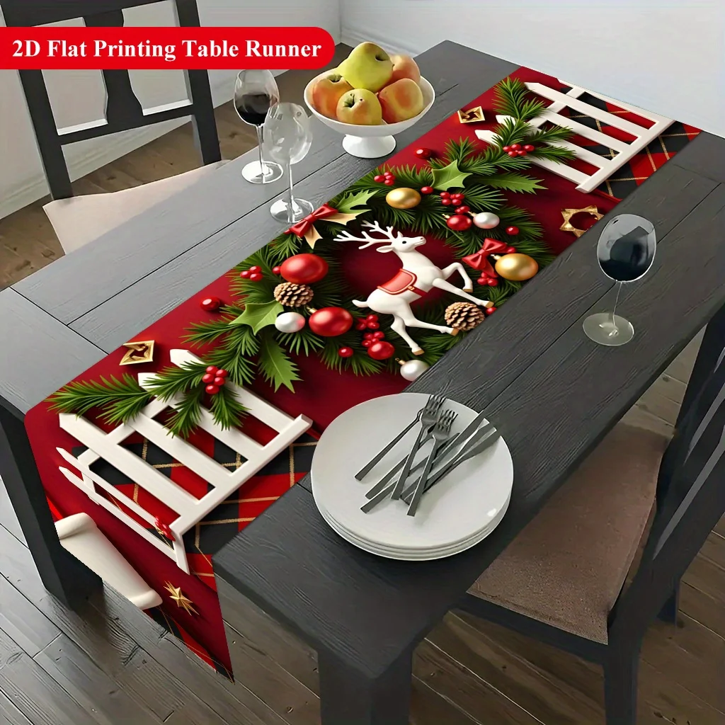 1pc 2D Flat Table Runner, Christmas Wreath and White Fence Printed Rectangle Table Runner, Decor for Dining Table