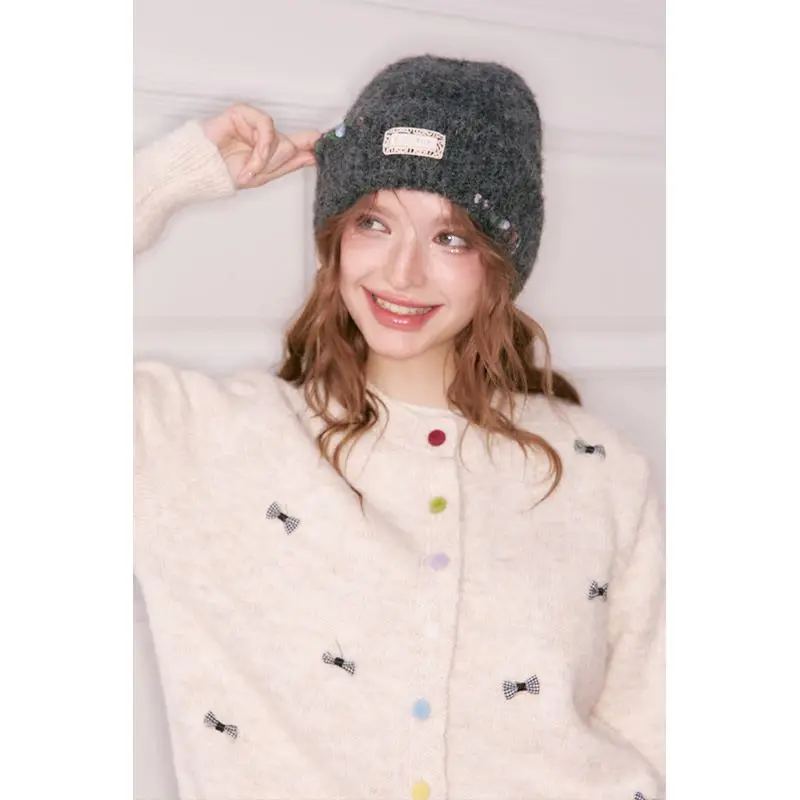 ELFSACK Y2K Casual Solid Color Stone Stacked Beanie For Women