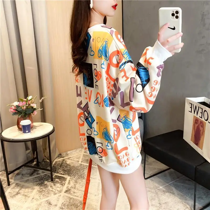 Fashion Color Printing Letter Casual Sweatshirts Female Clothing 2023 Autumn Oversized All-match Pullovers Korean Sweatshirts