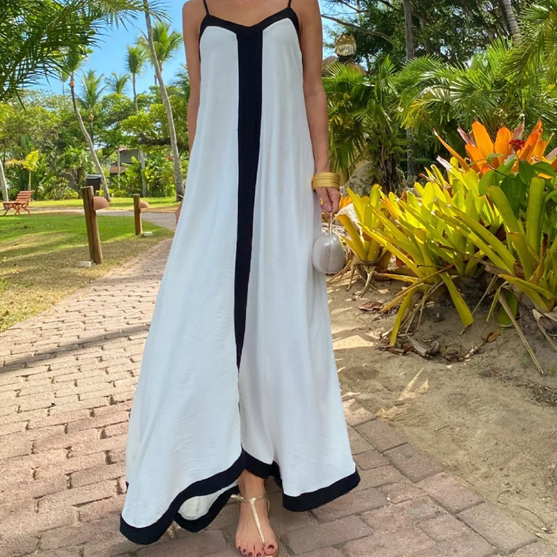 

New women's clothing summer vacation suspender contrasting backless loose dress
