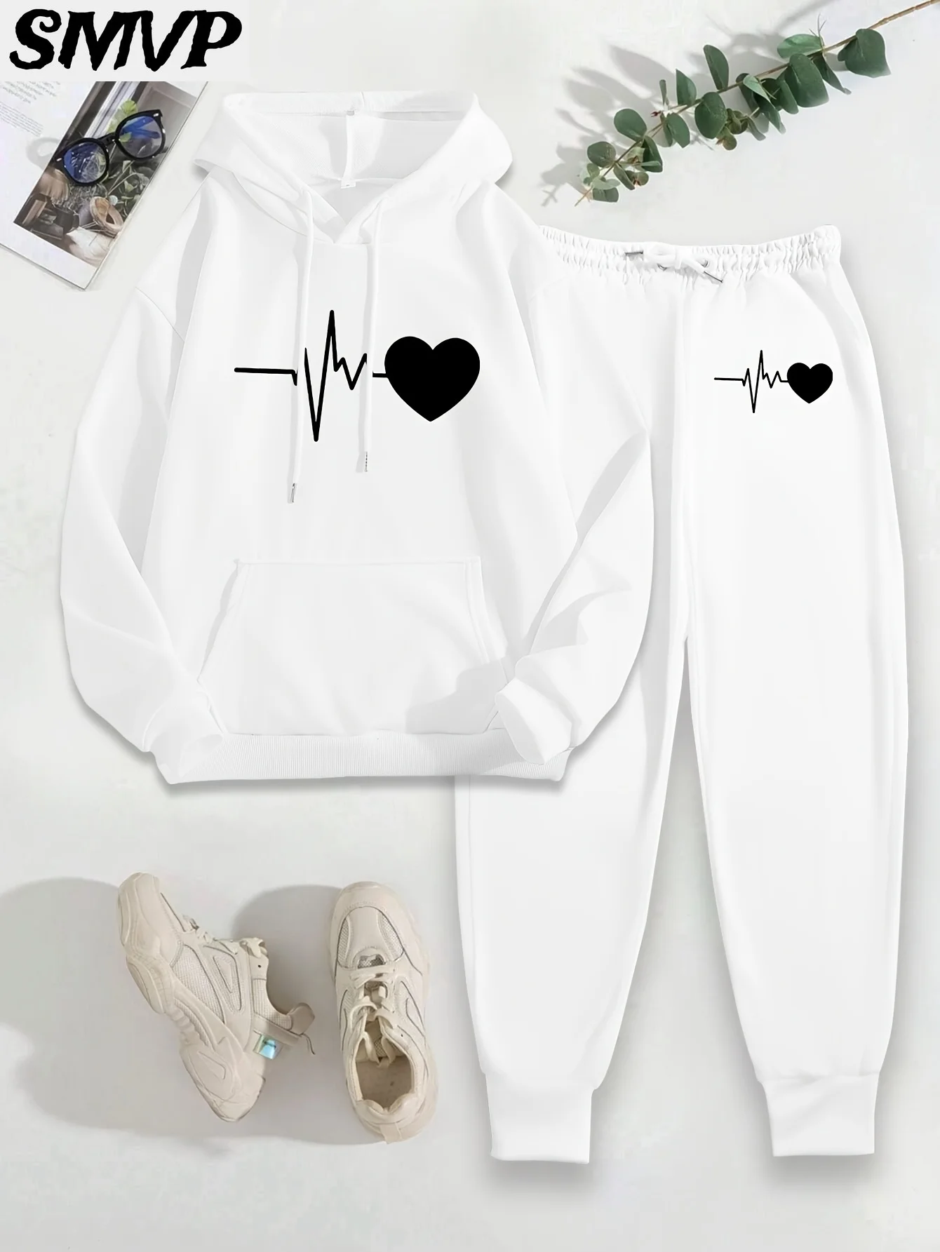 SMVP النساء الفتيات القطن هوديي مجموعة أسود أبيض ضربات القلب خط نمط قطعتين الزي عارضة المتسكعون الأم ابنة #4