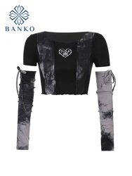 Y2K Gothic Harajuku Dark E-girl Punk Style Spring Patchwork T-shirt Tie Dye Crop Tops Hip Hop Women Long Sleeve Tee Streetwear