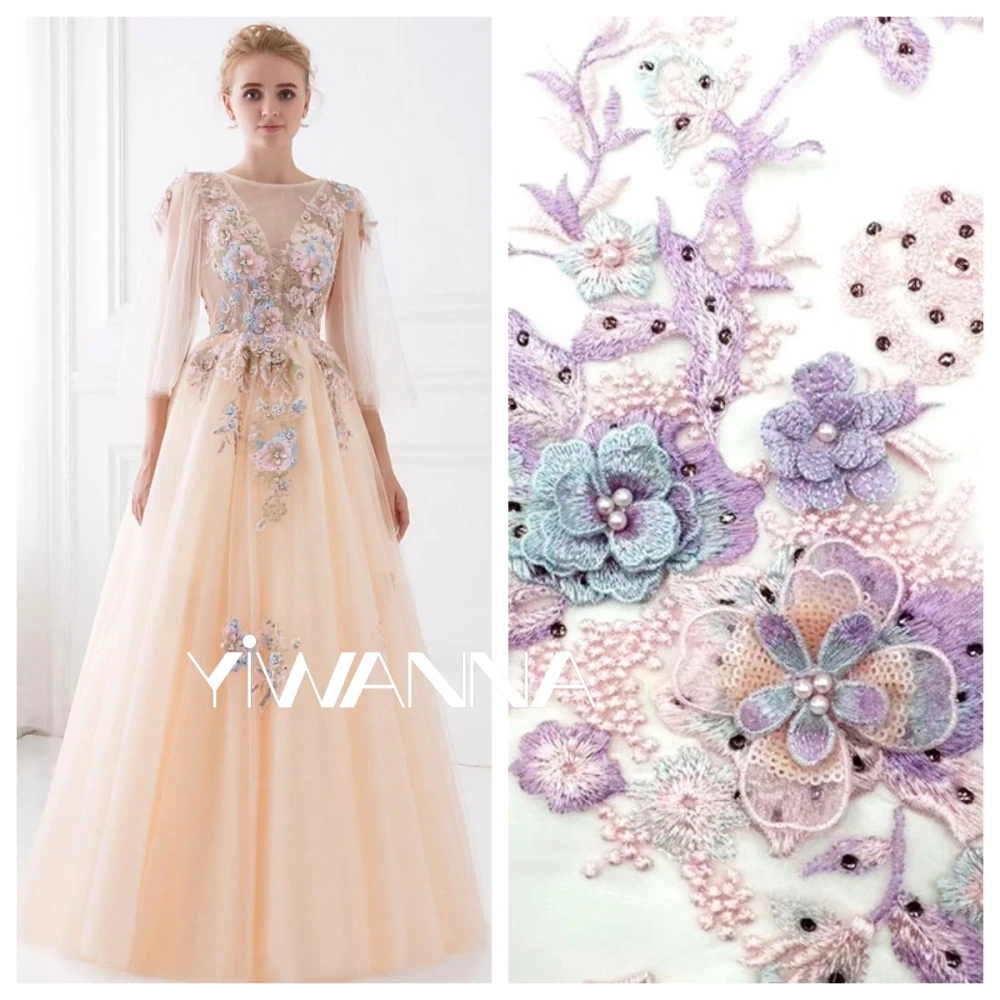 Robe de soirée à manches 3/4 à col rond avec appliques de fleurs 3D colorées, robe de RhA-ligne classique, robe de cocktail élégante pour une occasion formelle