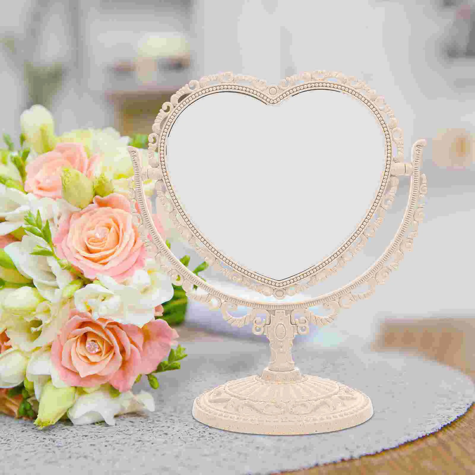 

Vintage Mirror with Stand Two Sided Heart Makeup Travel Vanity Hand Rotating Table Tabletop Magnifying Miss Mirrors