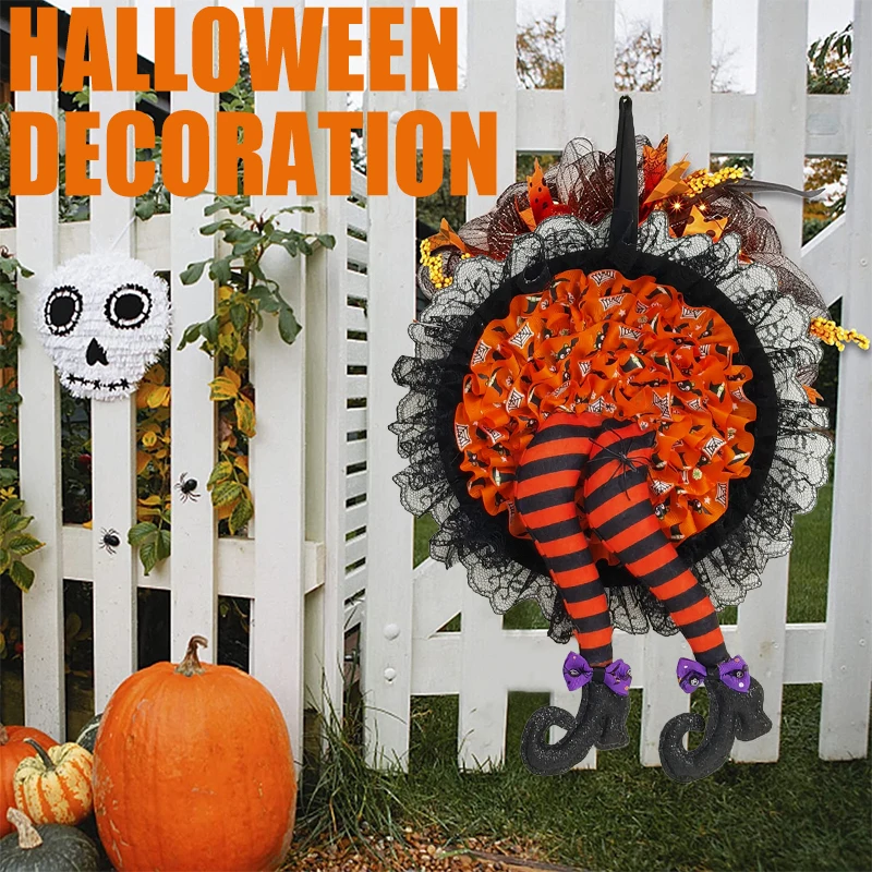 Corona Decorativa De Halloween - Guirnalda Bruja Con Pierna Y Calabaza, Para Puerta O Pared