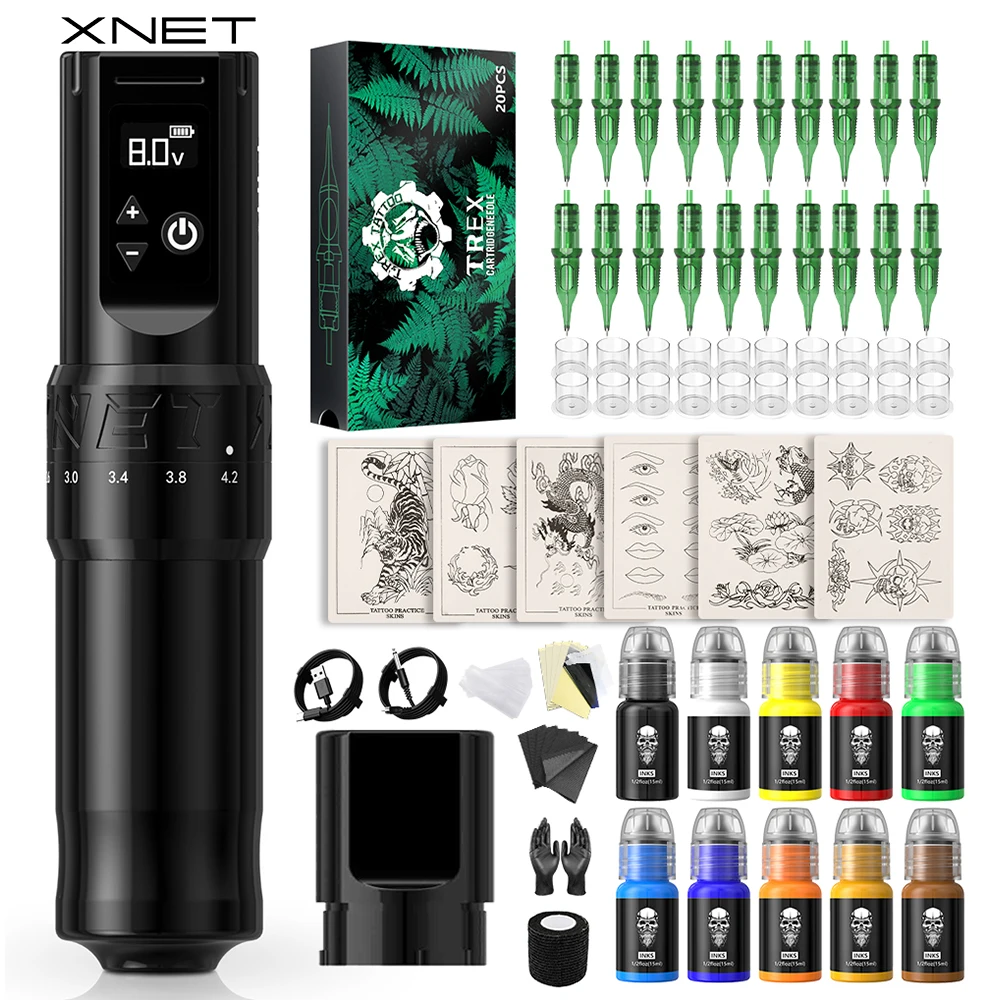 

XNET F1 Wireless Tattoo Machine Full Kit 20 Cartridges 10 inks Custom Motor 2400mAh Battery Beginner Set Makeup Pen For Tattoo