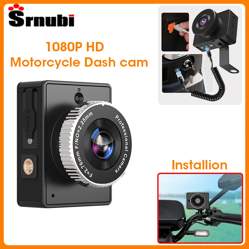 

Srnubi 1080P Motorcycle Dash cam DVR Wifi Connection Remote Control Waterproof Moto Recorder For Cycling Front Camera No Screen