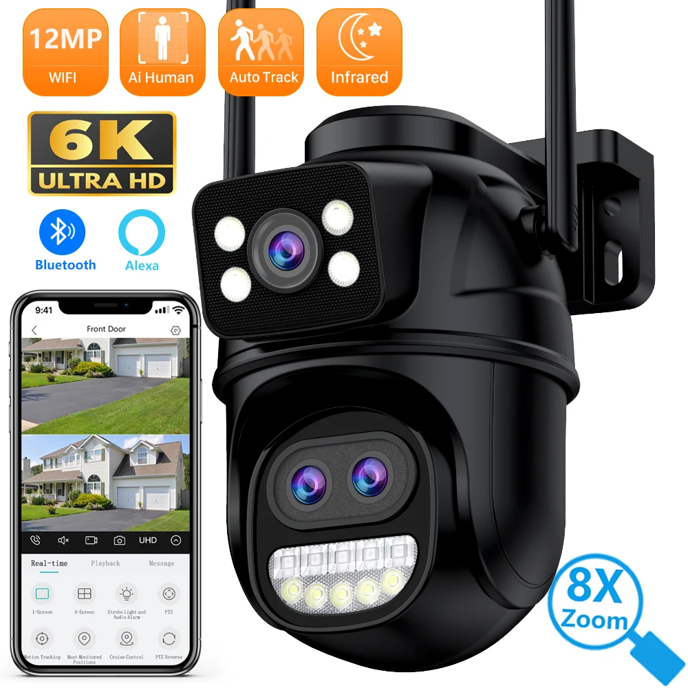 12MP Outdoor WIFI Camera Zoom Three Lens Dual Screens PTZ Video Cameras Auto Tracking Home Security CCTV 8MP Surveillance Camera