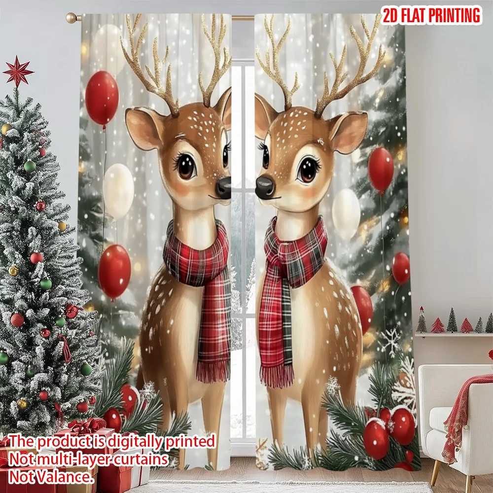 

2pcs 2D flat printing Christmas curtains Christmas reindeer and snowflakes Digital Printed Polyester Drapes Non fading Festive