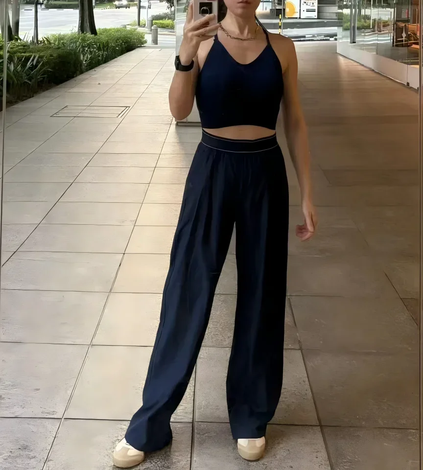 Damen High-Waist Schnelltrocknende Weite Hose, Elastische Taille, Lose Gerade Hose, Leichte Freizeithose für Sommer – Detail 6