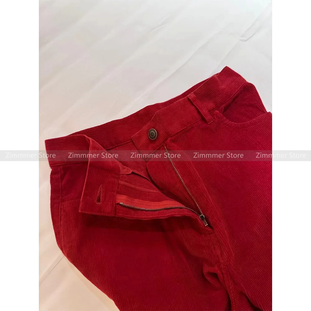 Retro red corduroy wide-leg pants for women 24 autumn and winter new loose silhouette mid-waist straight trousers