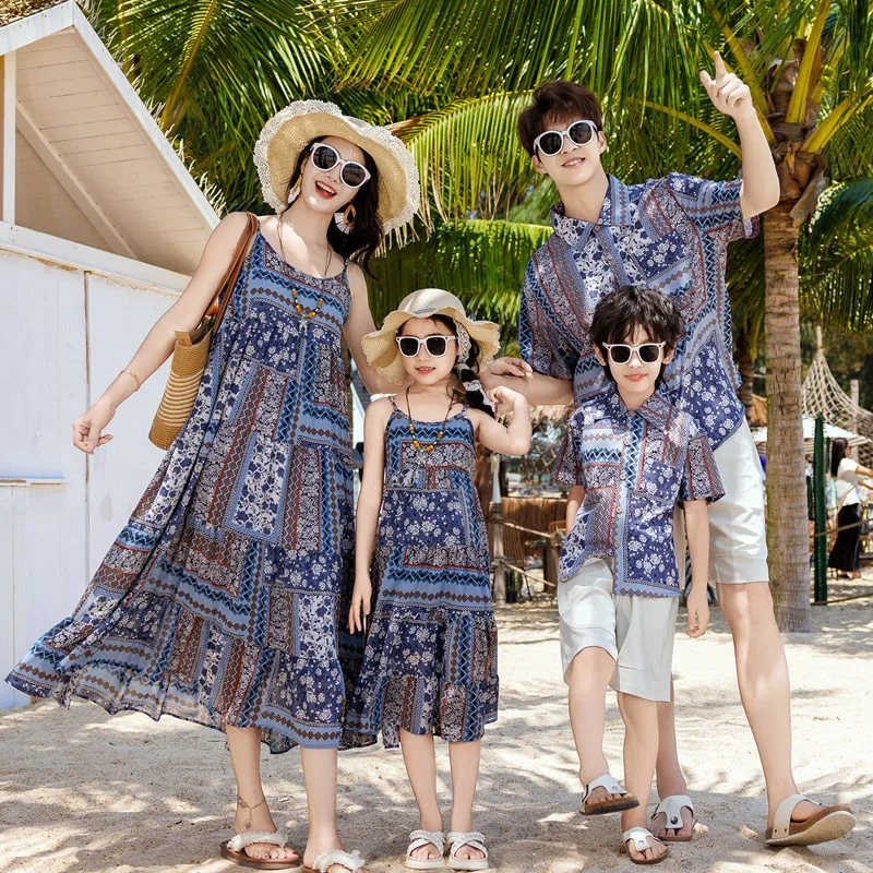 

Beach Vacation Family Matching Outfits Strappy Loose Dress for Mom Daughter and Casual Shirt for Dad Son Summer Couple Look Set