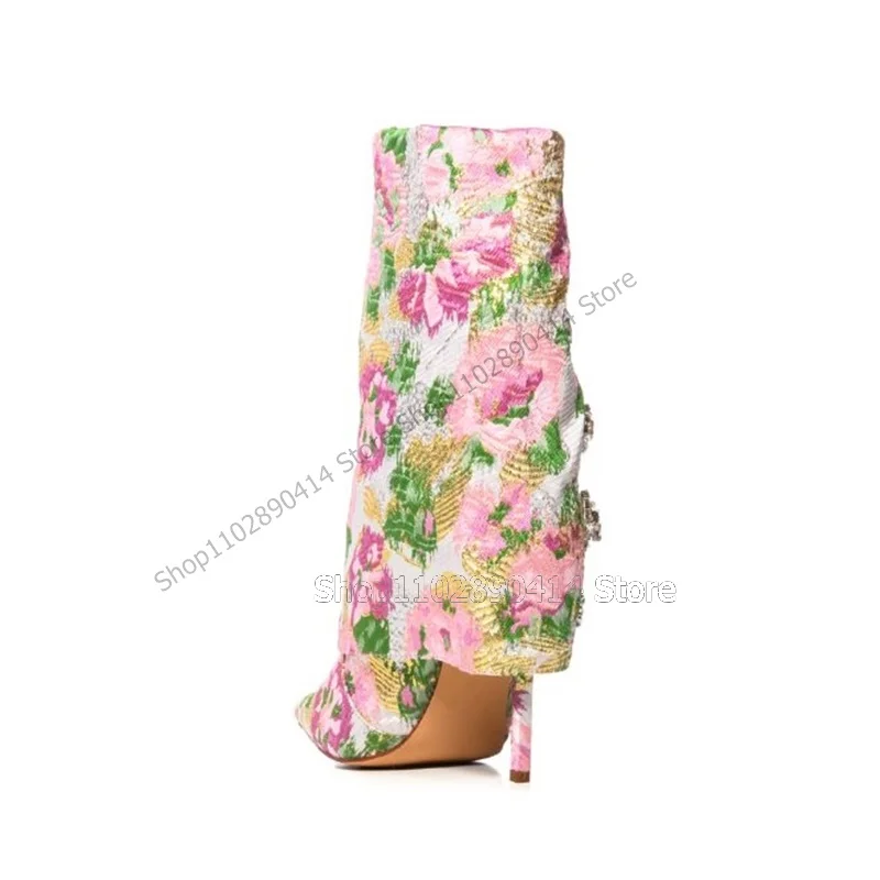 Botas puntiagudas florales de colores mezclados Para mujer, Zapatos de media pantorrilla, tacones altos finos, moda novedosa, 2023