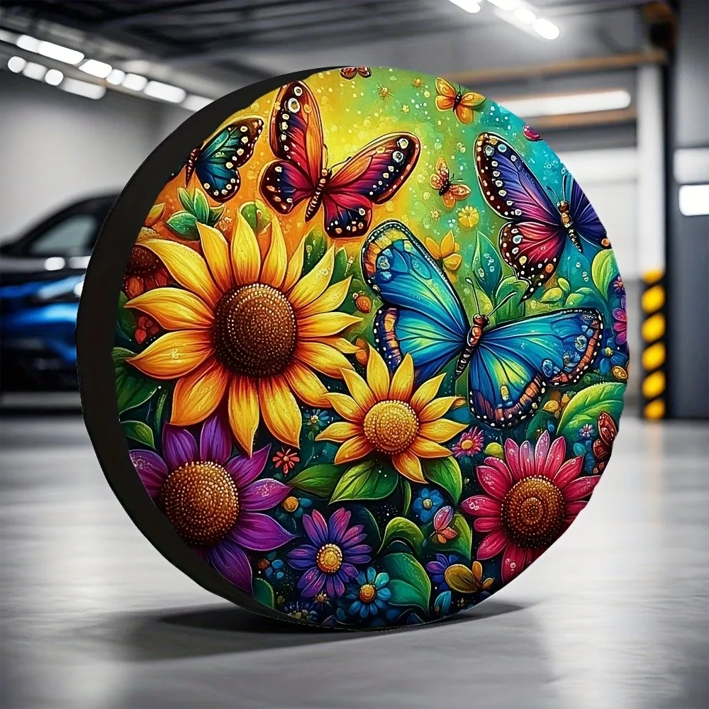 Vibrant Sunflower Colorful Butterfly Floral Seamless Spare Tire Cover