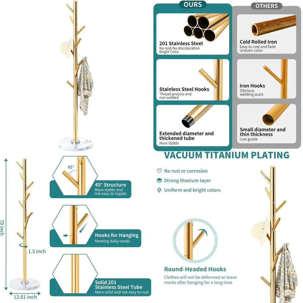 

Отдельно стоящая вешалка из нержавеющей стали с 8 крючками, основанием из натурального мрамора, идеально подходит для хранения шляп и пальто