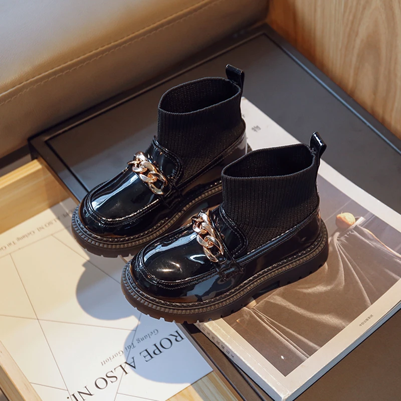 Girls' Metal Chain Decorative Leather Boots Winter Flying Stitching Princess Boots Children's Leather Soft-soled Socks Boots