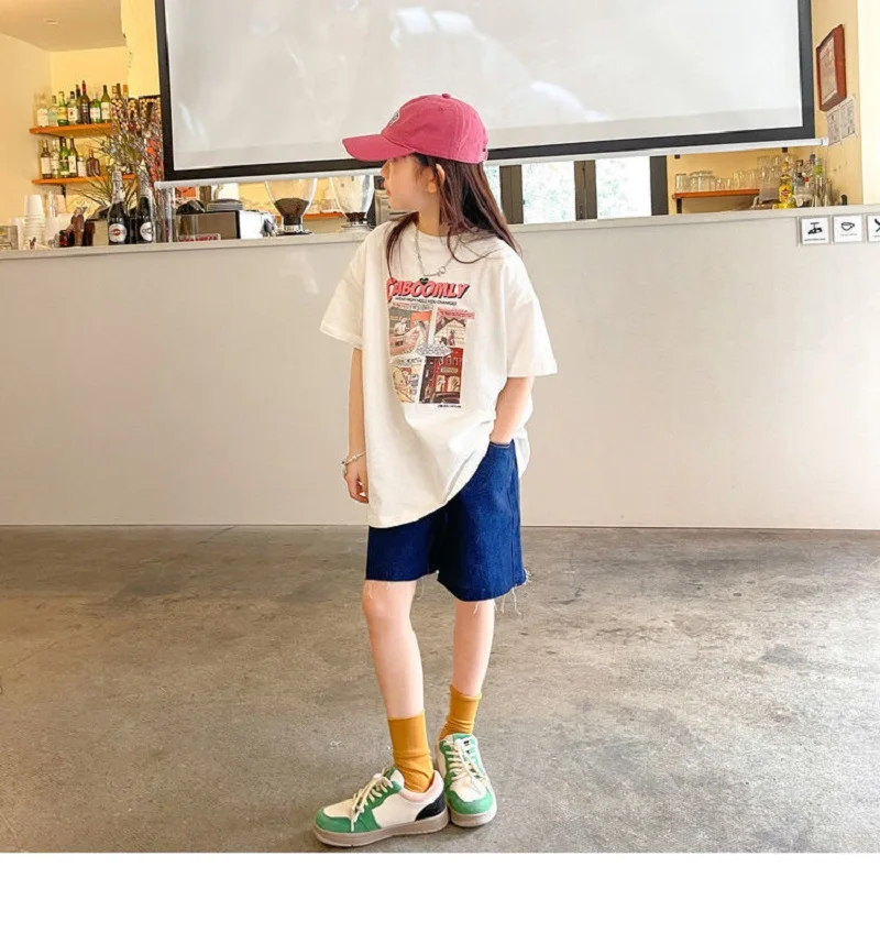 Summer School Kids Cotton Loose Four-Frame Comics Half Sleeves Tee Tops Baby Girls Short-Sleeved T-Shirt Child Outerwear 1-16Yrs