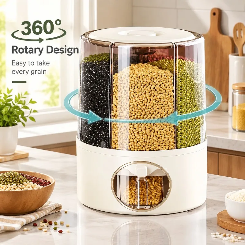 Rotary Rice Bucket Grains Storage Box Insect-Proof Moisture-Proof Sealed Rice Tank Kitchen Food Dispenser with 6 Compartments