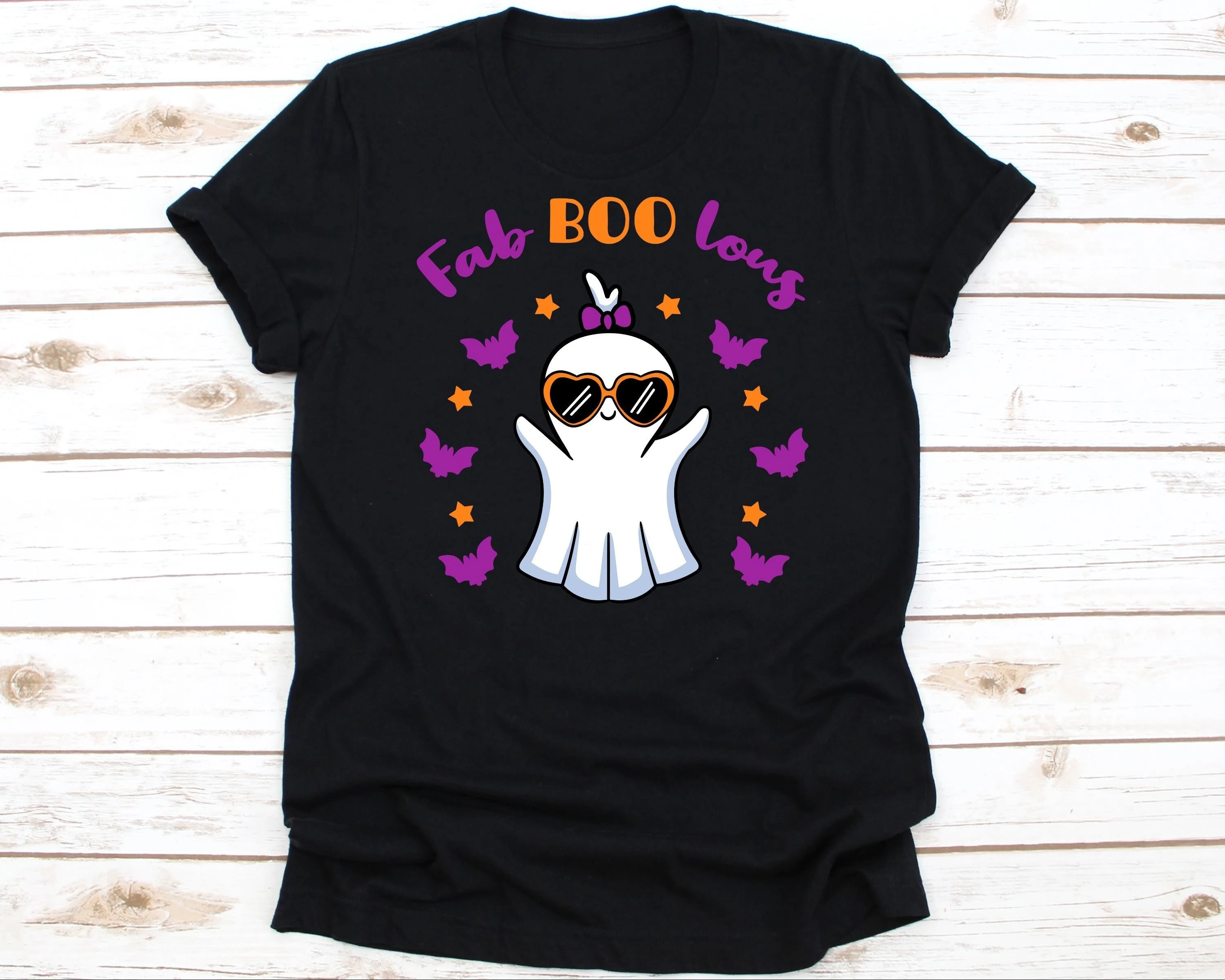 

2024 New Fashion Halloween Party Female Shirt Cute Cartoon Ghost Bat Print Women T-shirt Fab Boo Lous Slogan Girl Casual Tee