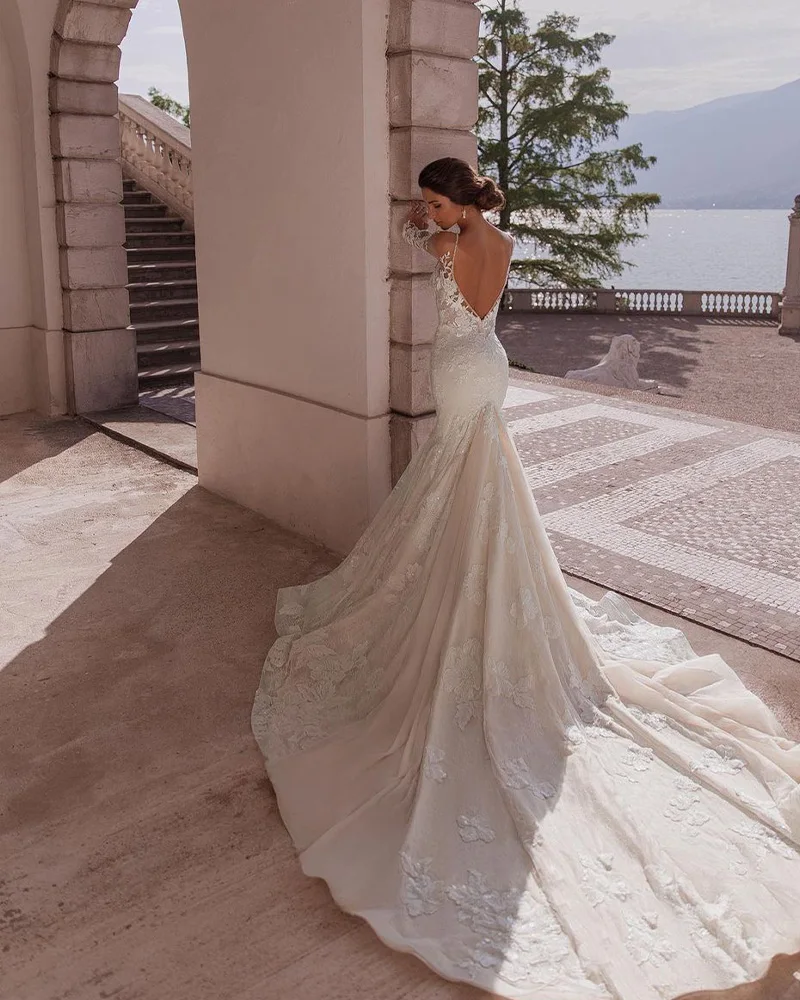 Vestido de novia de sirena con escote en V profundo, Sexy, con apliques de ilusión, manga larga, Espalda descubierta, tirantes finos, hecho a medida