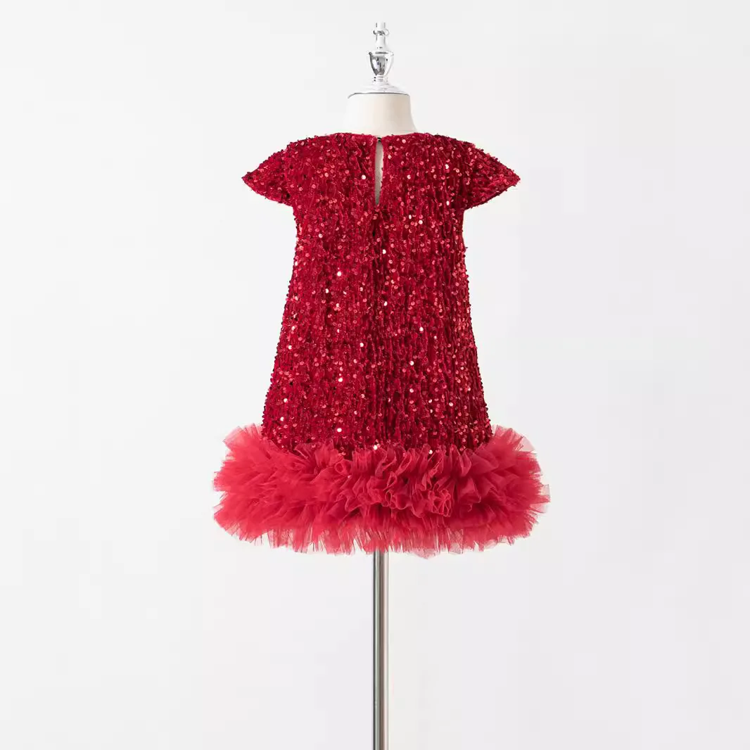 Sequin Girls Dress Kids Fluffy Birthday Formal Prom Dresses Evening Gown for Summer Princess Girls Costumes 2