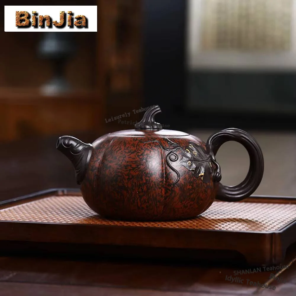 370ml Yixing Purple Clay Teapots Hand-carved Pumpkin Tea Pot Stale Twisted Mud Beauty Infuser Kettle Chinese Zisha Set Supplies