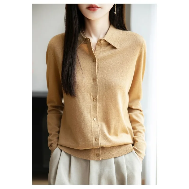 

Французский вязаный кардиган с воротником-поло, женская рубашка с длинными рукавами и лацканами, универсальный базовый слой, топ