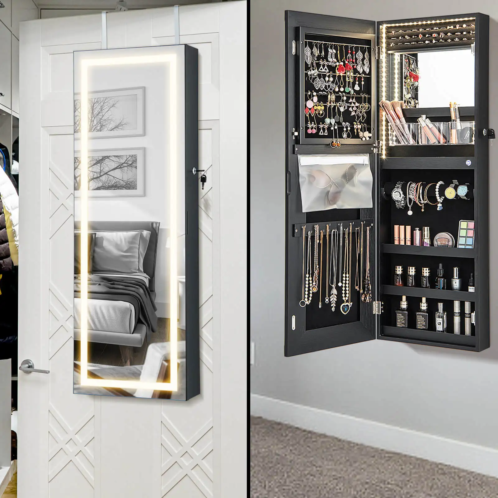 Miroir LED pour armoire à bijoux, armoire murale ou de porte avec 3 éclairages pour documents