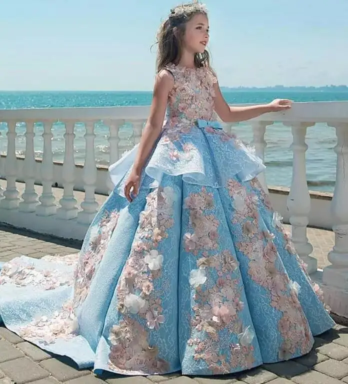 Sky Blue Mini Quinceanera Dresses Ball Gown Scoop Floral Lace Flower Girl Dresses For Weddings Mexican Pageant Dresses Baby