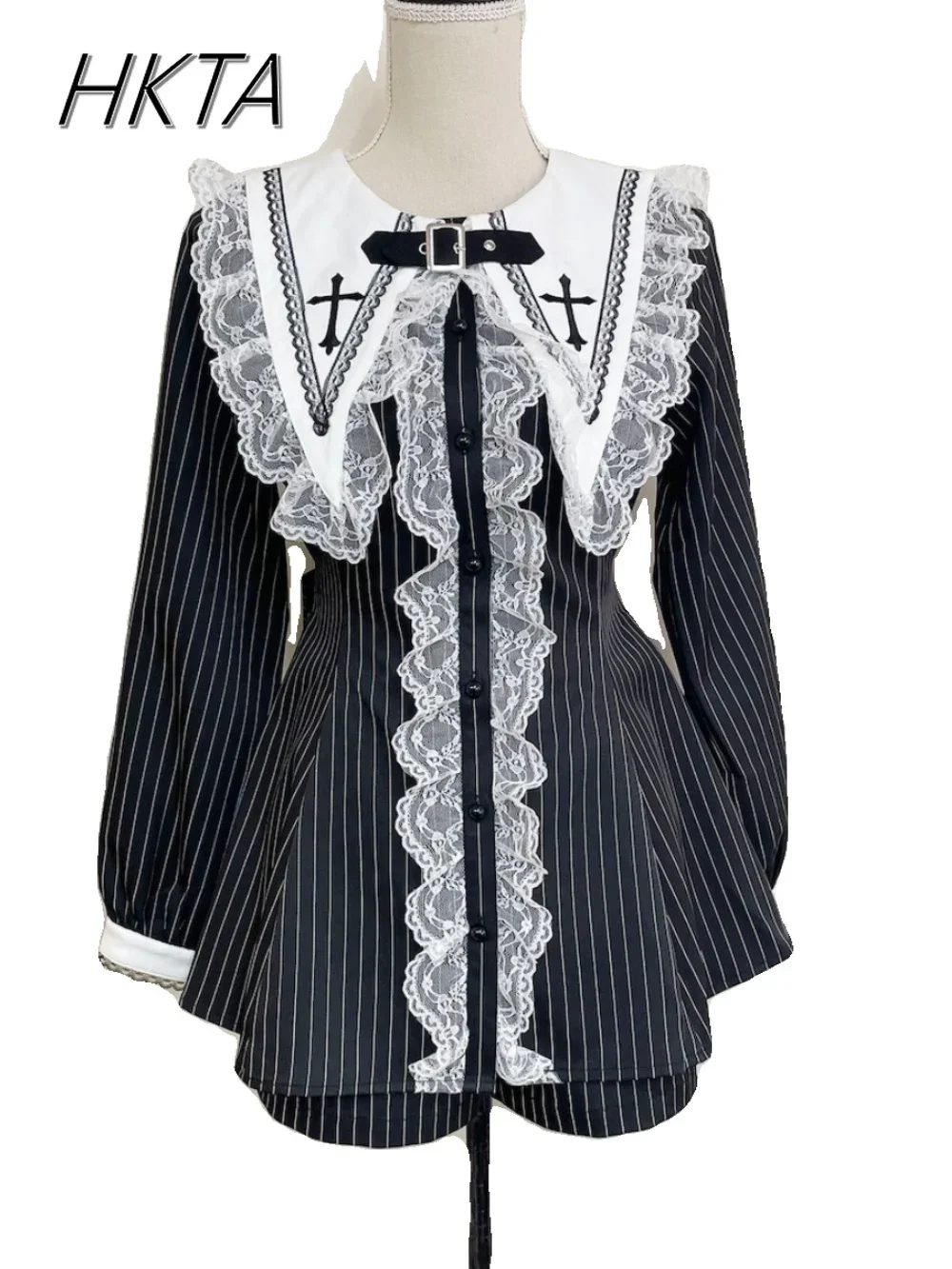 Japanese Style Cross Embroidered Long Sleeve Waist-Controlled Top Lapel Lace Stitching Striped Shirt Dress Shorts Two-Piece Sets