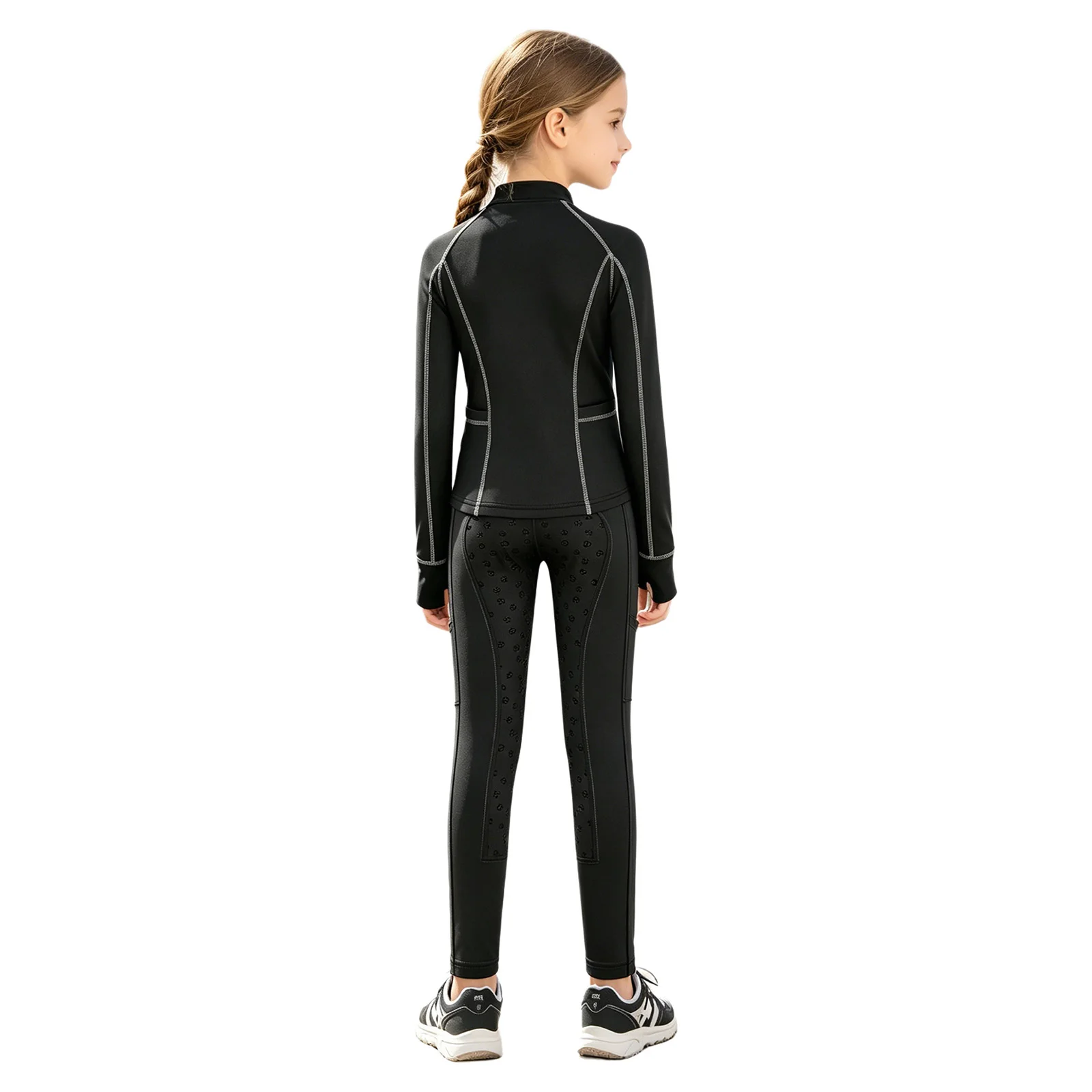 Kids Girls Horse Riding Outfit Long Sleeves Stand Collar Thumb Holes Sweatshirt with Anti-slip Seat Equestrian Breeches Pants