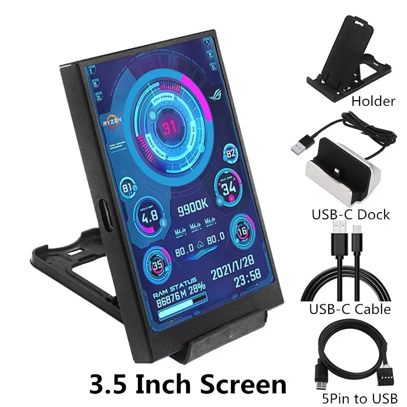 3.5-inch Computer Sub-screen IPS Full View USB-C Chassis Sub-screen CPU Computer Temperature Status Monitoring Without AIDA6